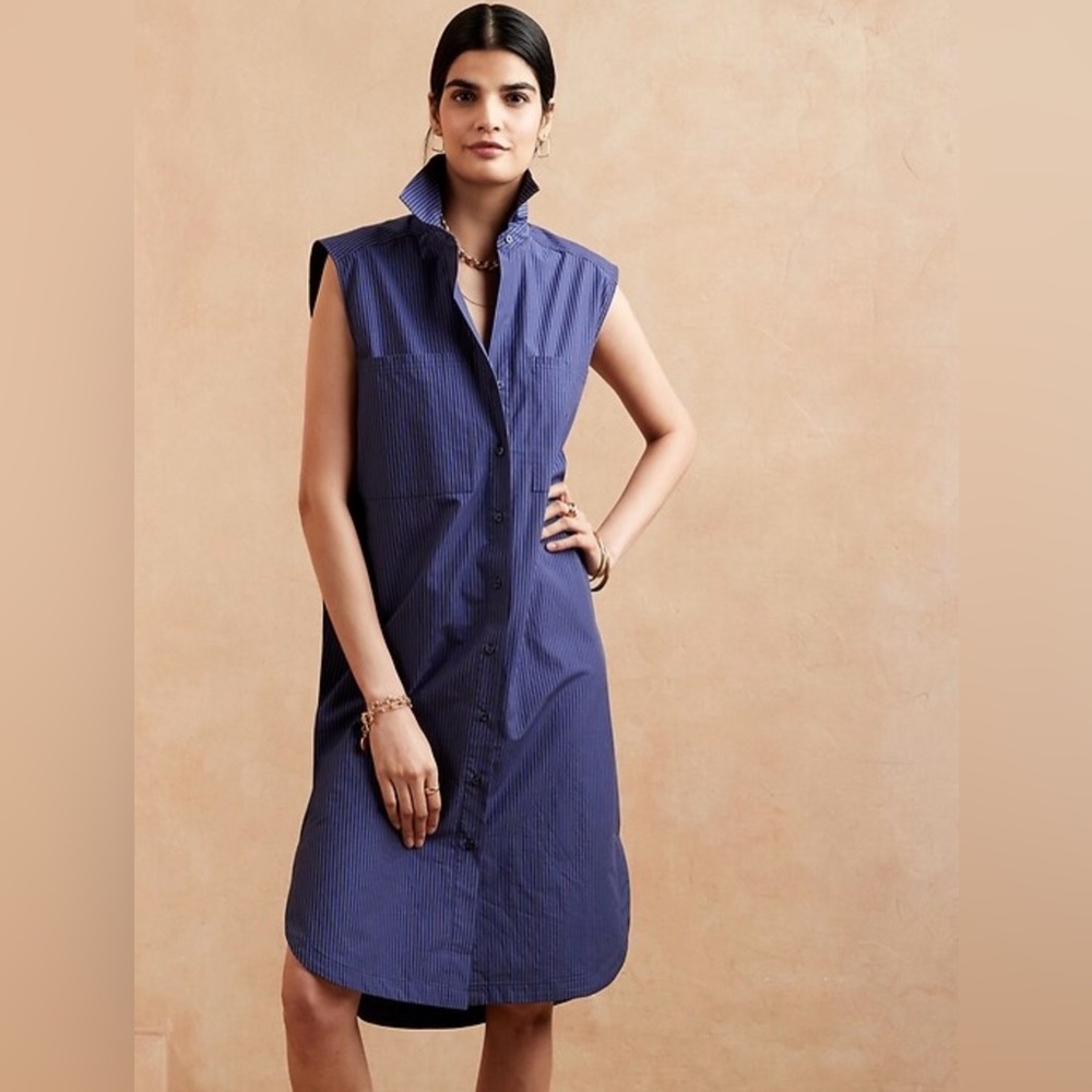 Banana Republic Factory Sleeveless Poplin Blue Pinstripe Dress - NWT